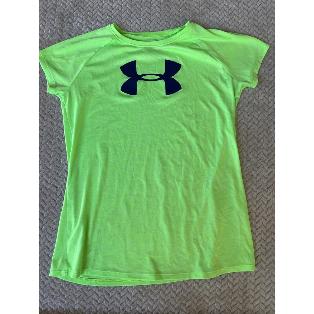 Under Armour Girls HeatGear Neon Lime Green Logo Short Sleeve T-Shirt Size YLG